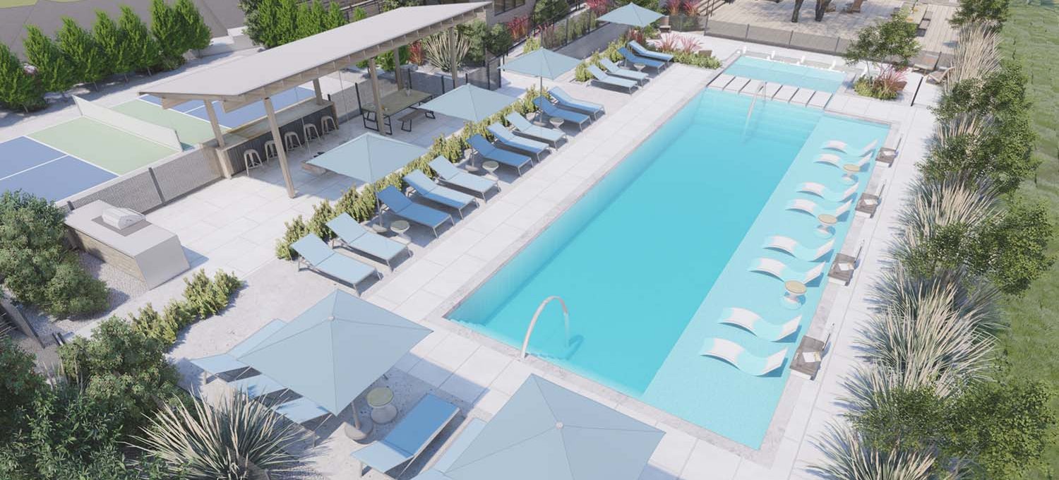a rendering of the pool and lounge area at The parcHAUS at Firewheel Parkway