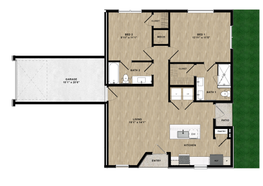 floor plan of a two bedroom apartment at The parcHAUS at Firewheel Parkway